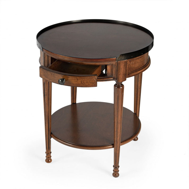 Manufactured Wood Round End Table With Drawer And Shelf - Medium Brown