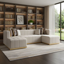 Load image into Gallery viewer, Velvet U Shaped Three Piece Sofa Chaise Sectional With Toss Pillows - Ivory
