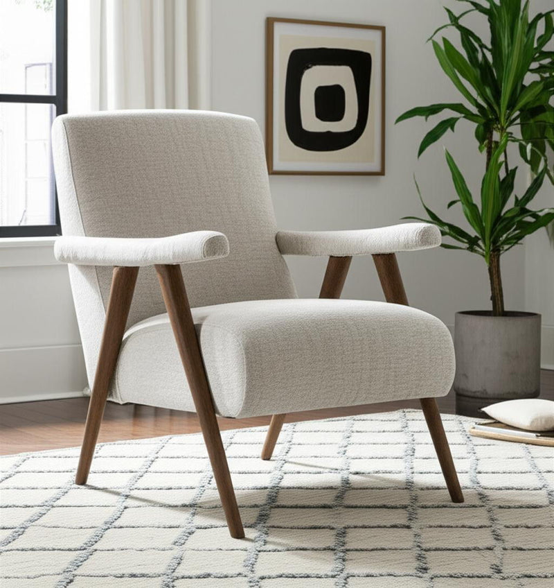 Linen and Solid Wood Arm Chair - Cream / Brown