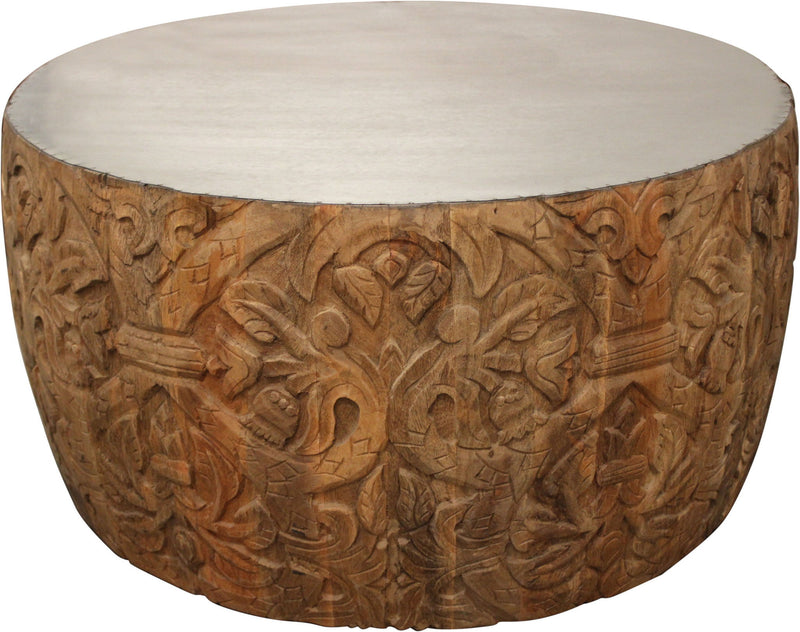 Iron And Solid Wood Round Coffee Table - White And Natural