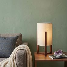 Load image into Gallery viewer, 17" Brown Solid Wood Bedside Table Lamp With Natural Cylinder Shade
