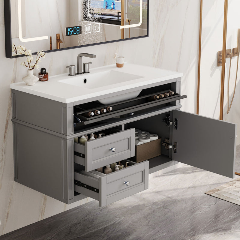 Modern Wall Mounted Floating Cabinet With Double Drawer And Sink