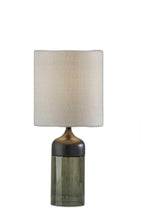Load image into Gallery viewer, 23" Black Wood And Smoked Glass Bedside Lamp With Gray Drum Shade
