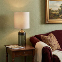 Load image into Gallery viewer, 23" Black Wood And Smoked Glass Bedside Lamp With Gray Drum Shade
