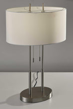 Load image into Gallery viewer, 27" Silver Metal Two Light Bedside Lamp With Off White Drum Shade
