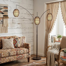 Load image into Gallery viewer, 82" Bronze Three Light Tree Floor Lamp With Beige Wicker Cage Shade
