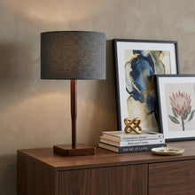Load image into Gallery viewer, 21" Brown Solid Wood Table Lamp With Dark Gray Drum Shade
