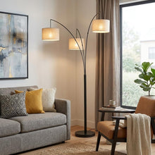 Load image into Gallery viewer, 74" Silver Three Light Tree Floor Lamp With White Linen Drum Shade
