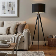 Load image into Gallery viewer, Black Metal Tripod Floor Lamp With Black Fabric Drum Shade

