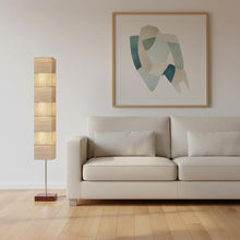 Load image into Gallery viewer, 72" Brown And Silver Three Light Column Floor Lamp With Beige Paper Rectangular Shade
