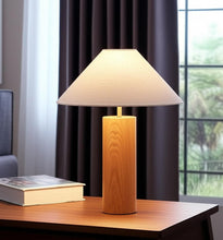 Load image into Gallery viewer, 26" Natural Solid Wood Cylinder Table Lamp With White Cone Shade
