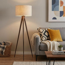 Load image into Gallery viewer, Black Metal Tripod Floor Lamp With Black Fabric Drum Shade
