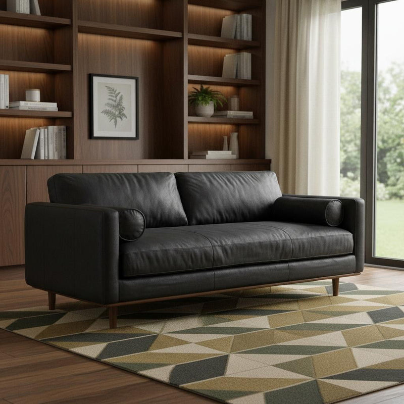 89" Leather Sofa With Brown Legs - Black