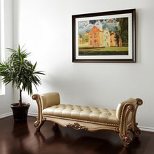 Load image into Gallery viewer, 74" Bone and Gold Tufted Faux Leather Upholstered Bench

