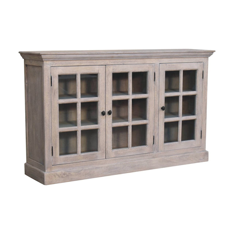35" Distressed Solid Wood Accent Cabinet With Three Doors - Light Gray