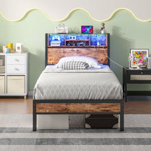 Load image into Gallery viewer, Modern Twin Size Metal Platform Bed Frame With Storage Headboard And Charging Station - Brown
