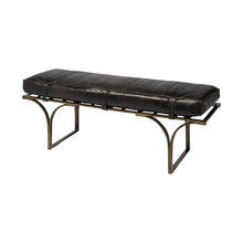 Load image into Gallery viewer, 16" Black And Antiqued Brass Upholstered Genuine Leather Bench
