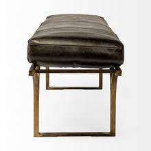 Load image into Gallery viewer, 16" Black And Antiqued Brass Upholstered Genuine Leather Bench
