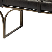 Load image into Gallery viewer, 16" Black And Antiqued Brass Upholstered Genuine Leather Bench
