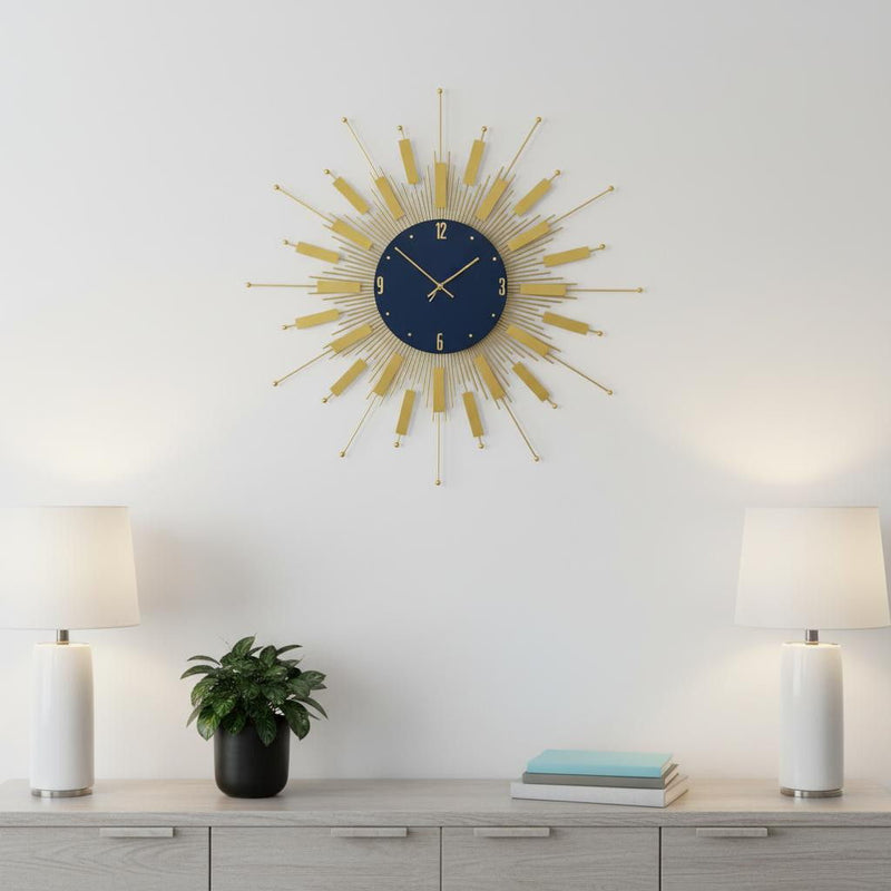 Silent Analog Sunburst Wall Clock - Gold / Blue