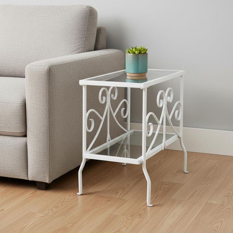 22" Metal And Tempe Glass End Table With Shelf - White And Clear