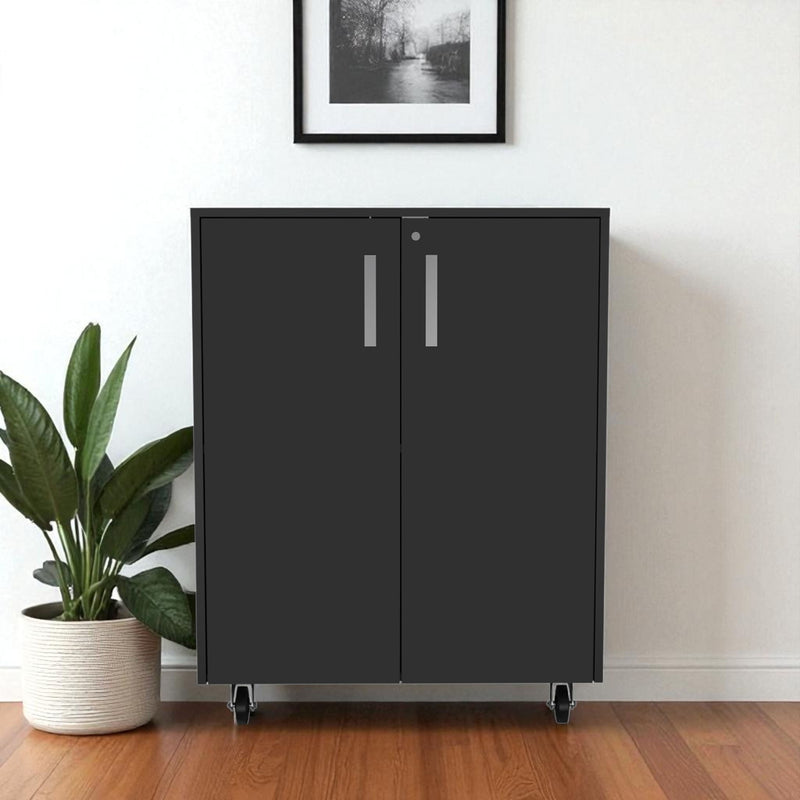 35" Wood Rolling Storage Cabinet With Two Doors - Black