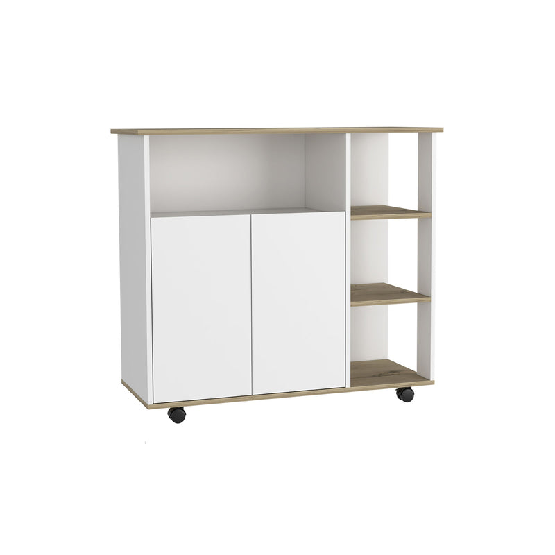 Oak And Wood Rolling Kitchen Island With Storage - White