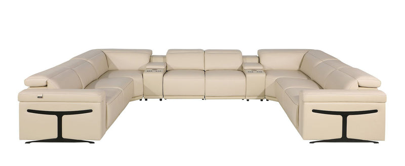Italian Leather Power Reclining U Shaped Ten Piece Corner Sectional With Console - Beige