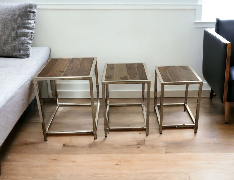 Solid Wood Nested Tables (Set of 3) - Silver And Brown