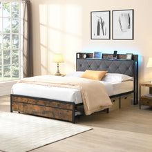 Load image into Gallery viewer, Modern Bed Frame With LED Lights, Upholstered Headboard, USB Charging
