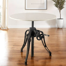 Load image into Gallery viewer, 30" White And Black Rounded Marble And Metal Three Leg Base Dining Table
