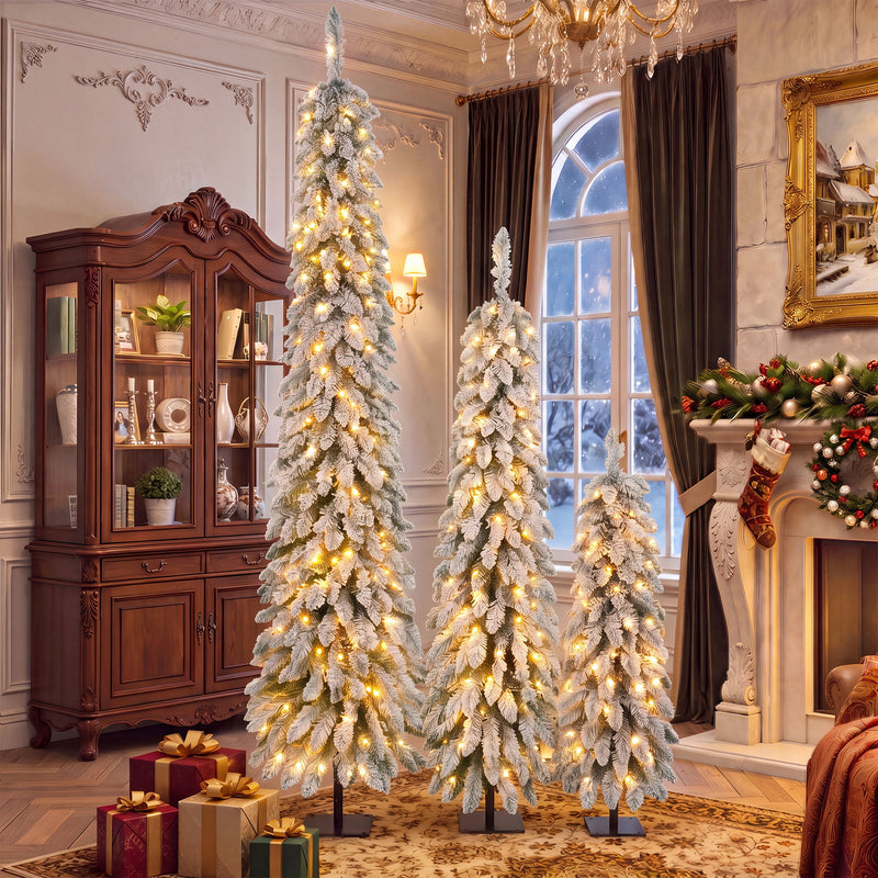 Slim Snow Flocked Pre Lit Pencil Christmas Tree, 3.9Ft / 5.9Ft / 7.9Ft With 750 Branch Tips, 480 LED Lights, Warm Glow, For Indoor Holiday Decor - White