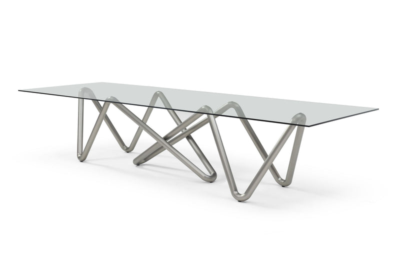 Glass Stainless Steel Double Pedestal Base Dining Table - Clear / Nickel