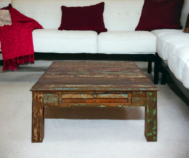 Square Distressed Wooden Coffee Table - Green and Brown