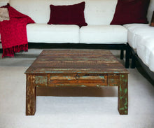 Load image into Gallery viewer, Square Distressed Wooden Coffee Table - Green and Brown
