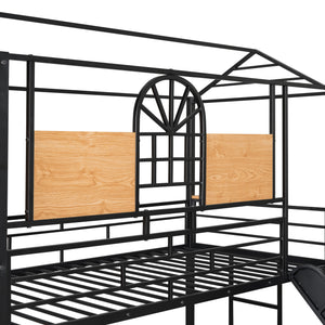 Twin Over Twin Metal Bunk Bed, Metal Housebed with Slide and Storage Stair, Black with Black Slide