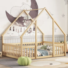 Load image into Gallery viewer, Wood House-Shaped Floor Bed With Fence, Guardrails
