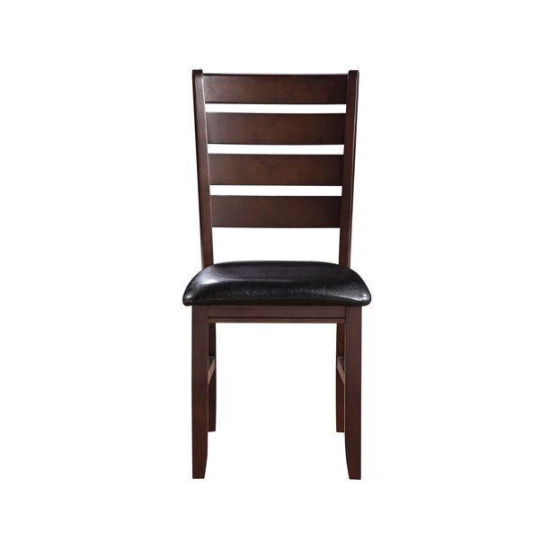 Faux Leather Wood Slat Back Dining Side Chairs (Set of 2) - Black / Dark Brown