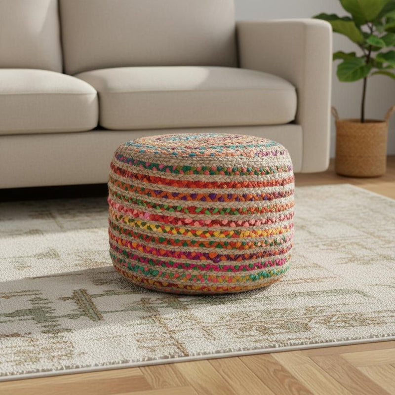 20" Jute Round Pouf Ottoman - Blue