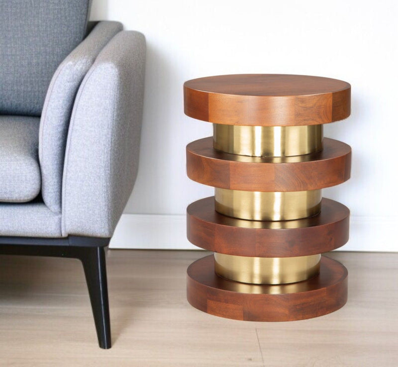 20" Solid Wood And Iron Round Pedestal End Table - Brown And Gold