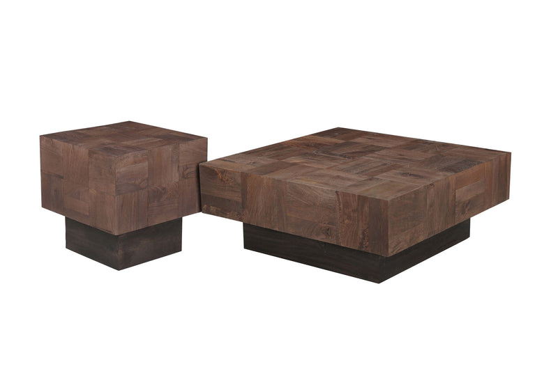 Solid Wood Square Block Coffee Table (Set of 2) - Natural / Brown
