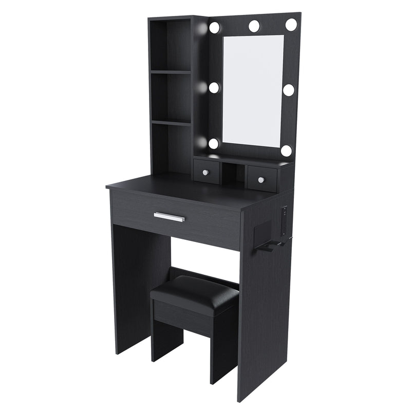Wood Mirrored Three Drawer Vanity Table Lights - Black