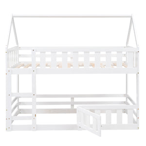 Twin over Twin House Bunk Bed with Fence and Door, White