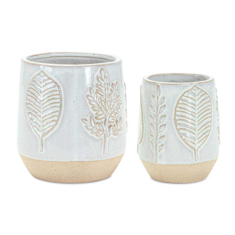 Porcelain Leaf Round Pot Planters (Set of 2) - Beige / Gray