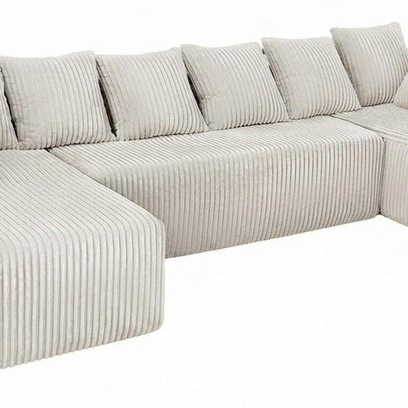 Corduroy Modular U Shaped Three Piece Sofa And Chaise Sectional With Console And Toss Pillows - White