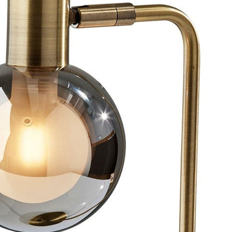 Metal Cylinder Desk Table Lamp With Gray Globe Shade With Starling LED Bulb - Antiqued Brass