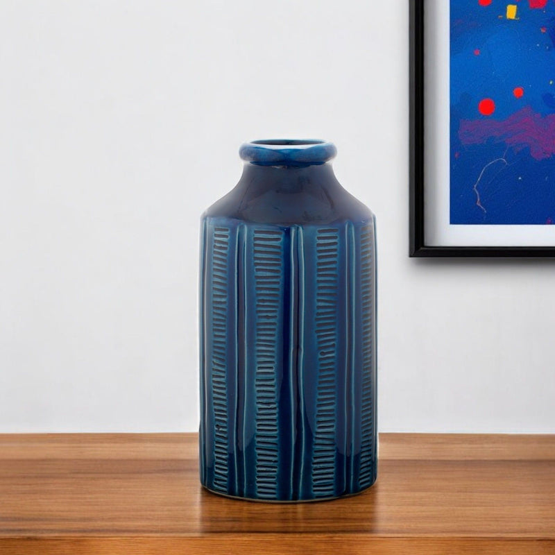 Ribbed Round Table Vase - Blue
