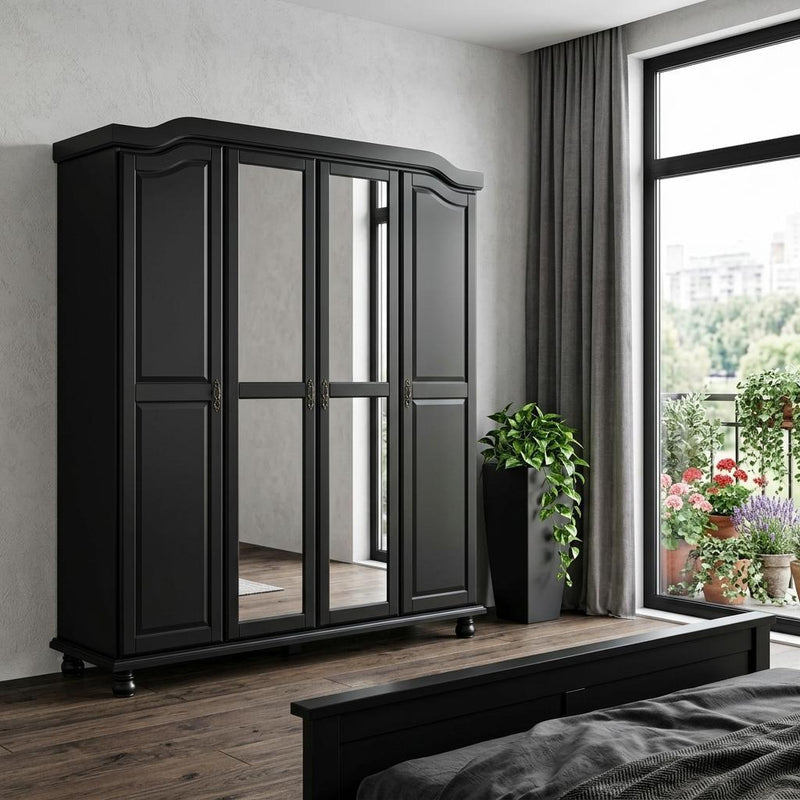 Solid Wood Mirrored Four Door Combo Dresser (764849) - Black