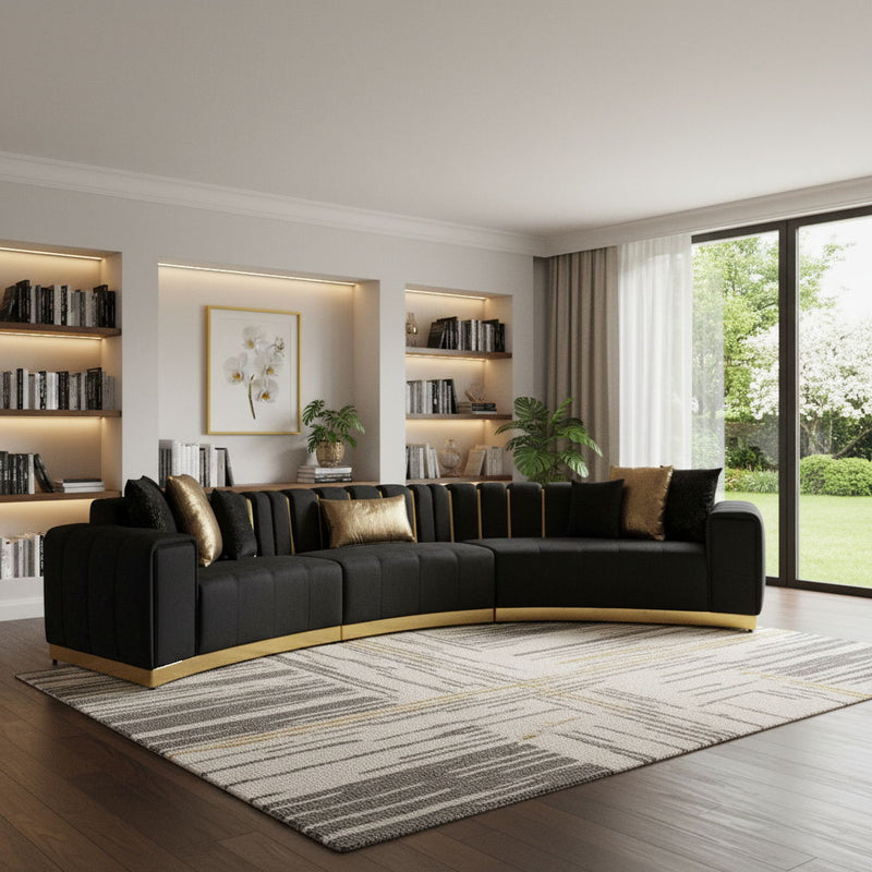 Velvet Curved Three Piece Sectional With Toss Pillows - Black