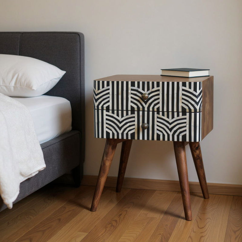 23" Modern Solid Wood Geometric Bone Inlay Two Drawer Nightstand - Black